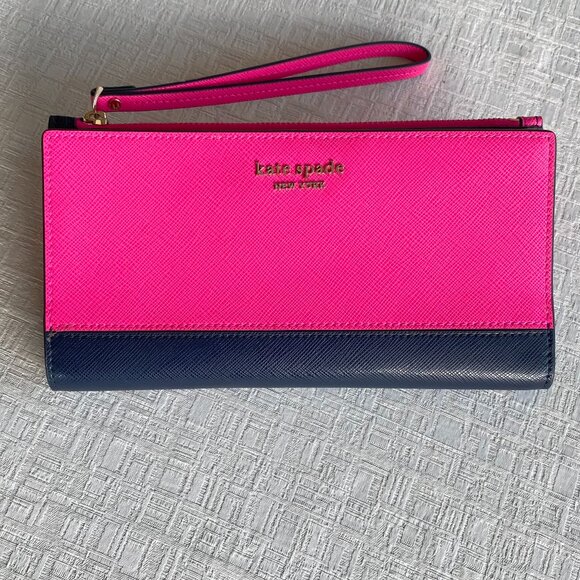 Kate Spade Shocking Pink & Navy Leather Wallet Wristlet - Picture 1 of 11